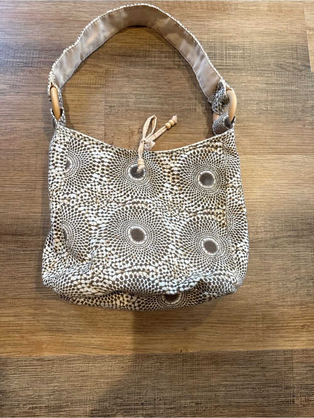 Cream and Brown Patterned Hobo Bag with Wood Rings